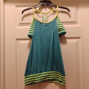 Nike Women’s Racerback Athletic Tank Top Teal Yellow Striped Hem Workout Gym Top